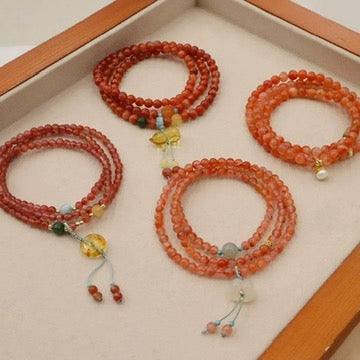 天然川料南红琥珀葫芦三圈 Natural Southern Red Agate & Amber Gourd Triple Bracelet