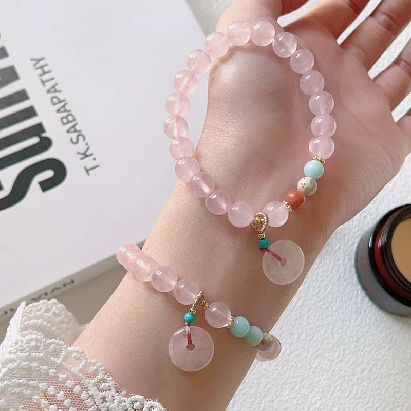 天然粉晶平安手链 Natural Rose Quartz Peace Bracelet