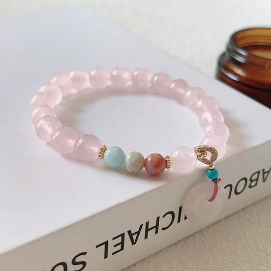 天然粉晶平安手链 Natural Rose Quartz Peace Bracelet