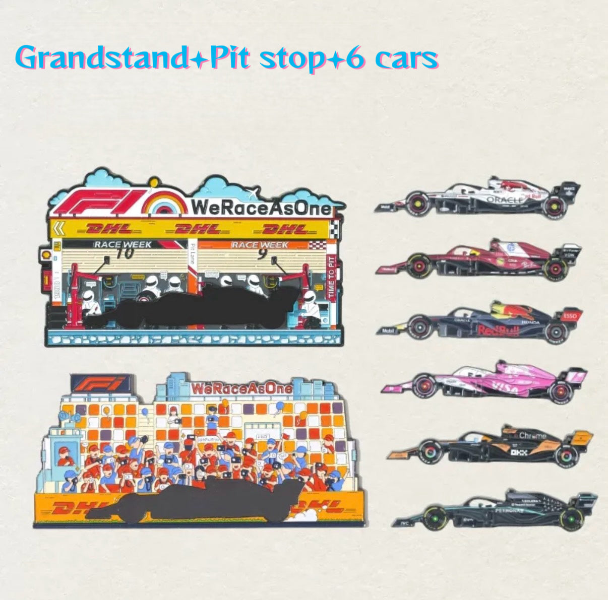 F1 Racing Grandstand& Pit Stop Diorama Set-Complete Scene with Cars & Players