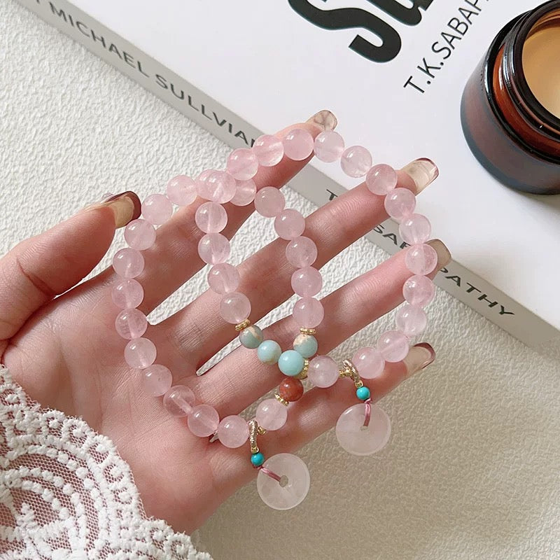 天然粉晶平安手链 Natural Rose Quartz Peace Bracelet