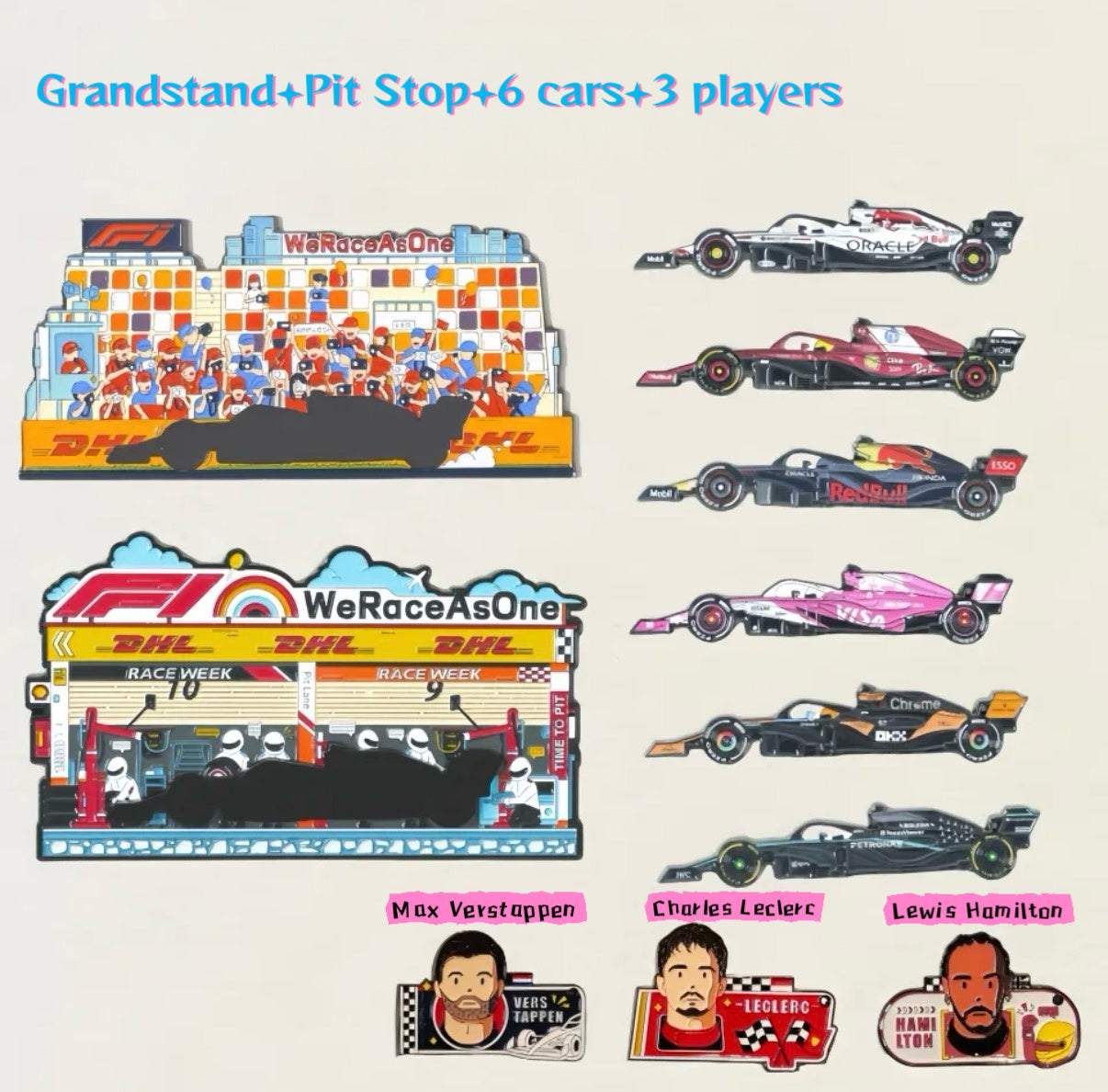 F1 Racing Grandstand& Pit Stop Diorama Set-Complete Scene with Cars & Players