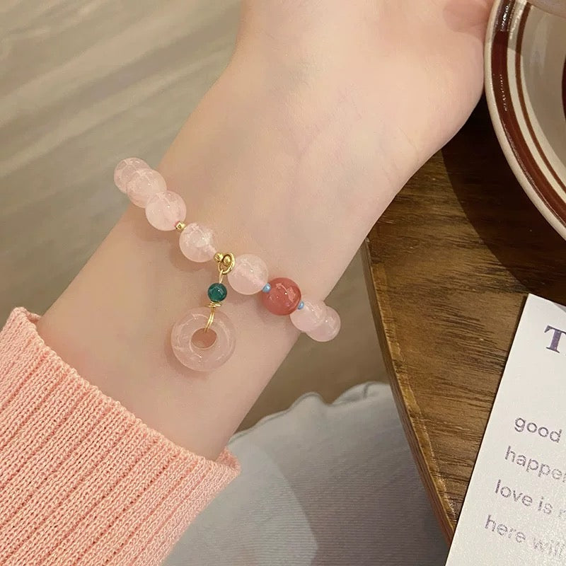 天然粉晶平安手链 Natural Rose Quartz Peace Bracelet
