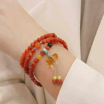 天然川料南红琥珀葫芦三圈 Natural Southern Red Agate & Amber Gourd Triple Bracelet