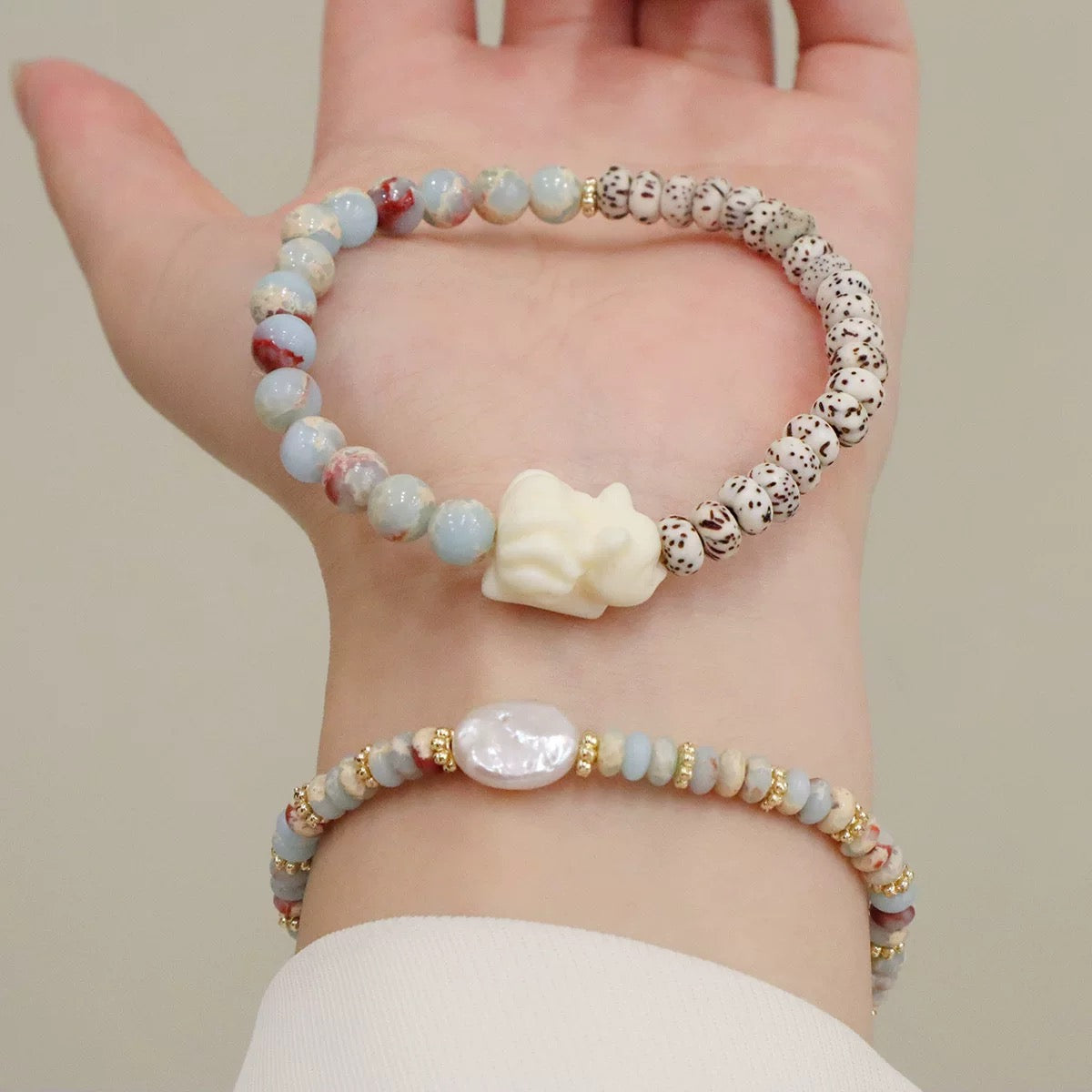天然寿山石头巴洛克珍珠手链 Natural Shoushan Stone & Baroque Pearl Bracelet