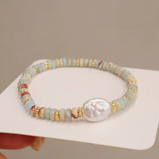 天然寿山石头巴洛克珍珠手链 Natural Shoushan Stone & Baroque Pearl Bracelet